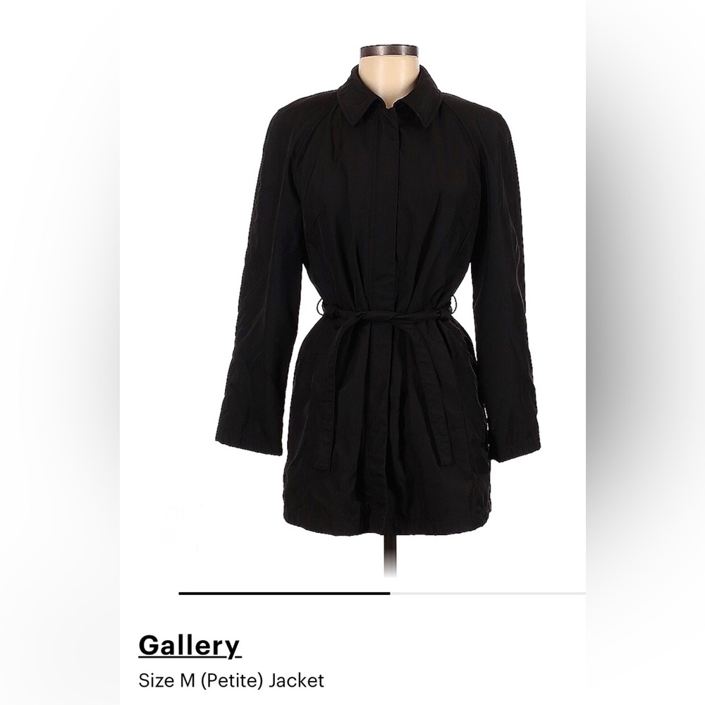 Gallery black, single breasted belted coat - sz Petite Medium - Picture 2 of 8